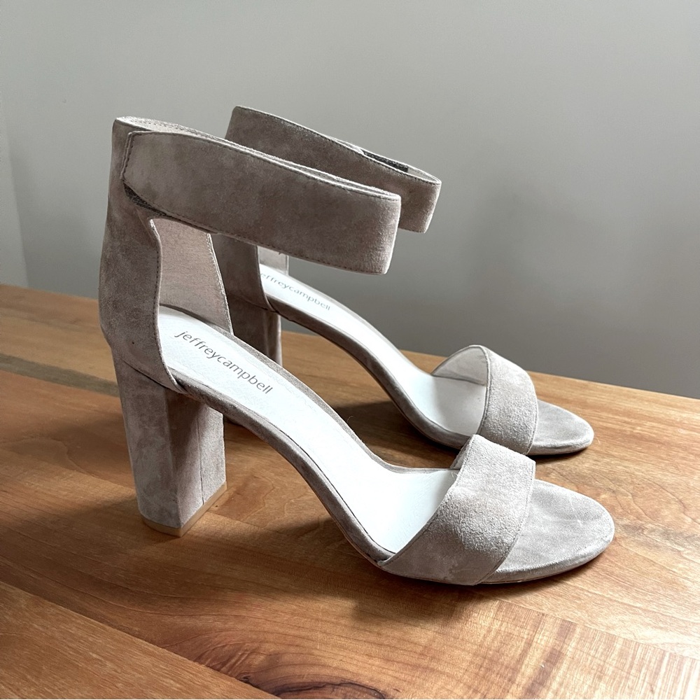 Jeffrey Campbell “Lindsey” Suede Sandal Taupe Block 4" High Heel Ankle Strap 9